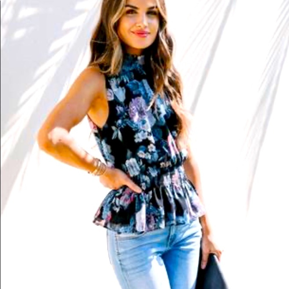 Vici Black Floral Smocked Peplum Top Blouse Large